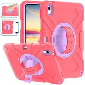 Fingic for iPad 10th Generation Case 2022 10.9 Inch[with 360°Rotating Stand Handle]Pencil Holder Hand Strap Shoulder Strap Military Grade Silicone Protection Case for iPad 10.9",Watermelon Pink/Purple