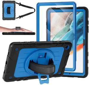 Stweap Case for Samsung Galaxy Tab A9+/ A9 Plus Case 11" 2023 (SM-X210/X216/X218), Heavy Duty Shockproof Protective Case with Screen Protector, Rotating Stand and Hand/Shoulder Strap (Black+SkyBlue)