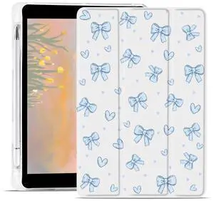 JOYLAND Cute Blue Bowknot Case for iPad 5th/6th Generation (2017/2018) 9.7 Inch with Pencil Holder Aesthetic Bow Girly White Cover Auto Wake/Sleep Foldable Shockproof Case