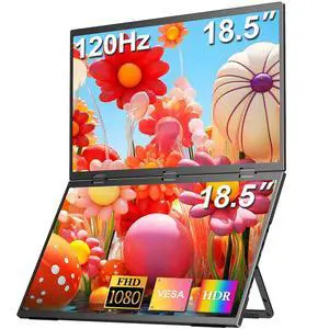 COOLHOOD 18.5inch Portable Dual Monitor, 1080P FHD 120HZ Triple Laptop Screen Monitor Extender,Dual Speakers USB-C & HDMI Folding Stacked Dual Monitors for Laptop Windows Mac, Stand & VESA