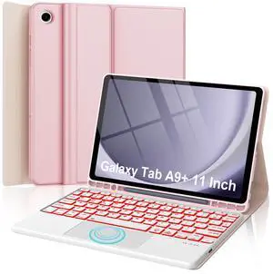 KVAGO Galaxy Tab A9 Plus Case with Keyboard 11 inch,Smart Touchpad, 7 Colors Backlit, Detachable Folio Keyboard Cover with S Pen Holder, Pink