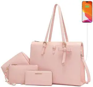 Keyli Laptop Tote Bag for Women Large Waterproof Leather Work Laptop Briefcase with Built-in USB Charging Port Computer Shoulder Bags Fits 15.6 Inch, Business Handbag Purse 4pcs Set Pink