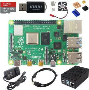 A-DIGISHUO Raspberry Pi 4B Model B 4GB RAM DIY Kit | with Case | Pi Cooling Fan | San Disk 64G SD Card Micro-SD | Micro HDMI Cable | Sufficient 5V 3A Power Supply (64, GB, 4, GB)
