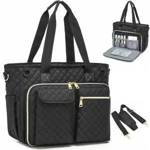 BISKLNDN Teacher Tote Bag - 15.6 inch Laptop Teacher Bags for Women, Nurse Bags for Work, Nursing, College, Office & Commuter, Womens Briefcase Quilted Tote Handbag with Insulated Pockets, Black