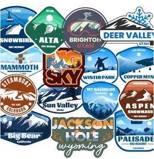 Ski Resort Sticker Pack 15 Pack, (Waterproof Vinyl Decal for Car, Water Bottle, Laptop, iPad, Window, Cooler, Luggage, Bumper, Toolbox, Locker), 3 inch