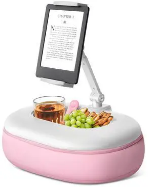 HUMANCOZY Beanbag Tablet Stand Raises Screen Height, Hands Free Reading Holder, Featuring Snack Bowl and Detachable Base for Cozy Reading in Bed or Couch, Compatible for Kindle, iPad, eBook,Pink