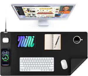 TopMade Mouse Pad with 15W Wireless Charging, XXL Large Leather Desk Mat, Waterproof Gaming Mousepad Home Office Desk Pad Protector, Computer Keyboard Pad, Mouse Mat for for MacBook, PC, Laptop, Black