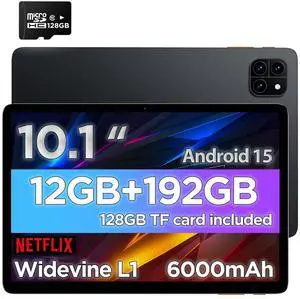 Tablet,10.1" Android Tablet with Octa-core Processor,12GB RAM+192GB ROM ((64GB ROM+128GB TF Card Included),1280x800 IPS HD Screen,6000mAh,Dual Camera,WiFi 6,BT 5.4,Android 15 Tablets 2025,Space Gray