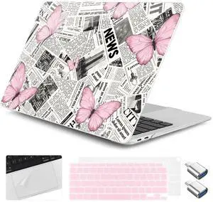Yebiseven for M1 MacBook Air 13 inch Case 2021 2020 2019 2018 Model A2337/A2179/A1932, Laptop Hard Shell Case with Keyboard Cover & Trackpad Protector & 2 OTG Adapters, Newspaper Butterfly