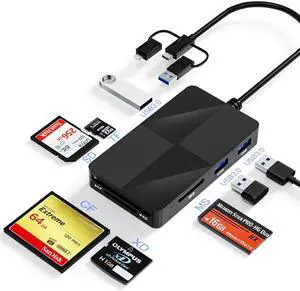 Compact Flash Card Reader for iPhone 16 with Extra 3 USB 3.0 Ports, 8 in 1 XD MS SD Card Reader for iPhone16 15 14 iPad Android, USB C OTG Adapter Read 5 Cards Simultaneous