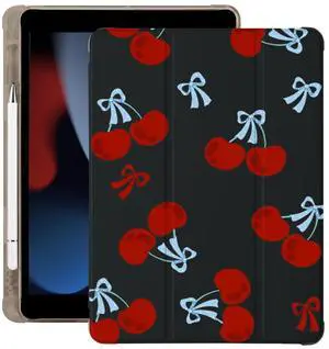 BlHMCASE Cute Bow Cherry Kawaii for iPad (A16) 11th Generation Case 11 Inch 2025, for iPad 10th Generation Case 10.9 Inch 2022 with Pencil Holder, Auto Sleep/Wake, Black Leather Soft TPU Back Cover