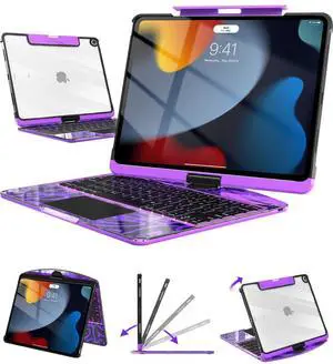 Wireless Keyboard Case for iPad 9th (7th, 8th, and 9th Gen) 10.2 Inch, Transparent Protective Cover with 7-Color Backlit Keyboard, 360° Rotating Stand, Multi-Touch Trackpad and Pencil Holder, Purple