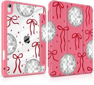 MEEgoodo Case for iPad Air 11 inch M3 2025 / M2 2024,for iPad Air 5th / 4th Generation Case 10.9 inch 2022/2020, Tablet Cover with Acrylic Transparent Back Shell, Disco Balls & Red Bows