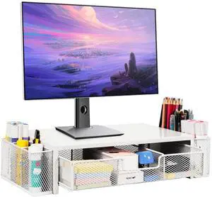 Qupui Computer Monitor Stand Riser with Drawer and Pen Holders, Desk Organizer Shelf and Accessories, Office Desk Accessories, Office Organization, White
