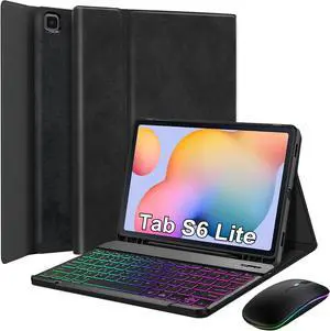 Nanhent Case with Keyboard for Samsung Galaxy Tab S6 Lite 10.4 Inch 2024/2022/2020, Built-in S Pen Holder, 7 Color Rainbow Backlight Detachable Wireless Keyboard Cover with LED Bluetooth 2.4G Mouse