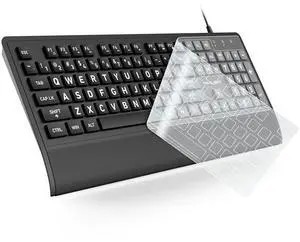 Large Print Computer Keyboard, Corded USB Full Size Wired Keyboard with Cover,Wrist Rest,Oversized Key Letters for Visually Impaired Low Vision Individuals Easy to See and Type for Laptop,PC, Windows