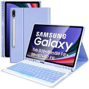 Nsyee Keyboard Case for Samsung Galaxy Tab S10 Plus/S9 Plus/S9 FE Plus/S8 Plus/S7 Plus/S7 FE 12.4 Inch, 7 Color Backlit, Detachable Bluetooth Keyboard Case with S Pen Holder, Purple