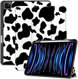 Deokke Compatible with iPad Pro 11 inch Case,4th/3rd/2nd/1st Gen(2022/2021/2020/2018) with Pencil Holder TPU Back Case,Auto Sleep/Wake Cover with iPad 2nd Pencil Charging-Black White Cow Western