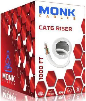 MONK CABLES | CAT6 Riser Cable 1000ft | 100% Pure Copper | ETL Listed | UTP, 23AWG, 550MHz | DSX-8000 Certified | Stable & Remarkable Performance (White)
