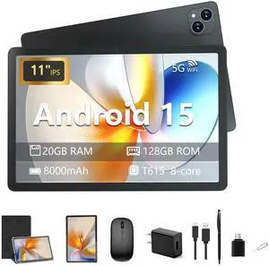 Iconiotk Android 15 Tablet 11 inch Tablet with Keyboard, 20GB+128GB, 1TB Expand, Octa-Core, 2.4G/5G WiFi, 8000mAh, BT V5.2, IPS Touch Screen, GPS, 2 in 1 with Case, Mouse, Stylus (Gray)