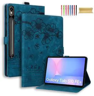 Case for Samsung Galaxy Tab S10 FE Plus 13.1 Inch 2025 SM-X620 X626B, Premium PU Leather with Blossom Pattern Flip Cover with Shockproof TPU Multi-Angle Stand & Card Holder Tablet Case, Blue