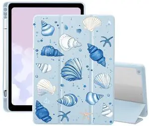 Starfish Seashell Case for iPad 9th/7th/8th Generation(2021/2020/2019, 10.2 Inch) with Pencil Holder Foldable Blue Leather Cartoon Cover Clear Back Shell Auto Wake/Sleep