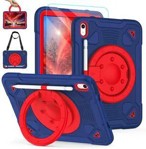 Case for iPad (A16) 11th /10th Generation 11/10.9 Inch 2025/2022 with Screen Protector 360° Rotating Stand Shoulder Strap Pencil Holder,Military Grade Shockproof iPad Case 10th GenerationNavy Red