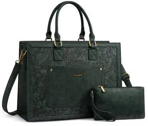 LOVEVOOK Laptop Tote Bag for Women, 15.6 Inch Work Bags, Vintage Leather Tote Bag, Waterproof Computer Bags with Clutch Purse, Large Capacity Messenger Bag for Teacher College Business Office