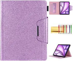 Glitter Case for iPad Pro 12.9" 3rd/4th/5th/6th Gen & iPad Air 13" M2/M3, Techcircle Folio Stand Smooth Soft TPU Back Smart Cover with Pencil Holder & Card Pocket, Auto Sleep/Wake, Shiny Purple