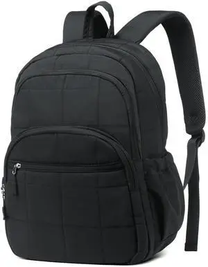 SUIKIHUM Quilted Laptop Backpack for Women, Casual Work Daypack for 15.6 Inch Laptop, Travel Bag with Luggage Strap, Black