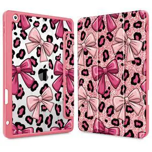 Tuiklol for iPad 10.2 case 2021 Gen 9th Release Built in Pencil Holder - Trifold Stand-Auto Wake/Sleep TPU Protection Stand Clear Back Cover for 2020 2019 [8th/7th] iPad 10.2 Case,Leopard Print Bow