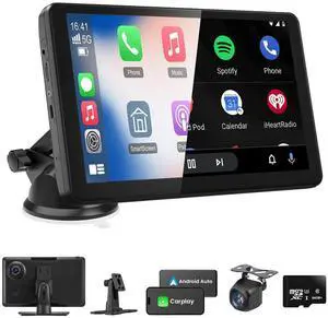 Wireless Portable Carplay Screen with 4K Dash Cam, 9" HD Touch Screen with A-pple Carplay & Android Auto Car Stereo, with 1080p Backup Camera, GPS Navigation/Mirror Link/Voice Control/Bluetooth