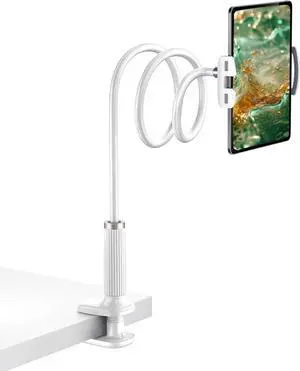 Santiaoniu Gooseneck Tablet Holder, Tablet Stand : Flexible Arm Clip Mount Compatible with iPad mini Pro Air, Kindle, Switch, Galaxy Tabs, More 4.7-11" Devices- (White)