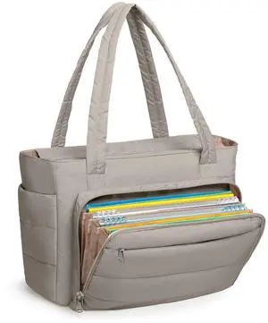 Yarwo Puffy Teacher Tote Bag for Women, Lightweight Work Bag with Accordion File Organizer Pocket and 15.6 in Laptop Sleeve, Quilted Shoulder Handbag with Cup Holder for College, Office, Daily, Camel