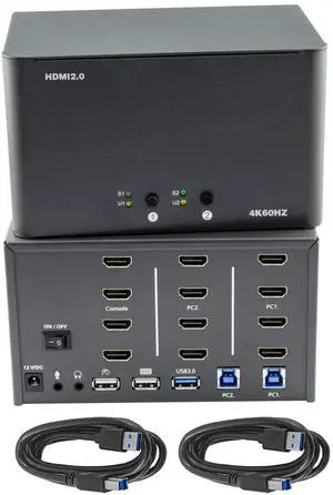 KVM Switch 4 Monitors 2 Computers, HDMI 4K@60Hz KVM Switch with USB3.0, 2 Computers Share One Set of Keyboard, Mouse and Monitors, Supports Windows/Mac/Linux