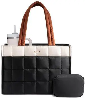 LOVEVOOK Tote Bag for Women, Puffer Work Handbag 17 Inch Laptop Purse for Nurse Teacher, Large Quilted Travel Tote Shoulder Bag with Zipper for College Office Clinical Gym, Black