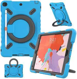 PEPKOO Triple Shockproof Case for iPad 9th/8th/7th Generation 10.2 inch 2021/2020/2019, Air 3rd Generation 10.5 inch, Heavy Duty Cover with Pencil Holder, Handle Kickstand, Shoulder Strap, Blue