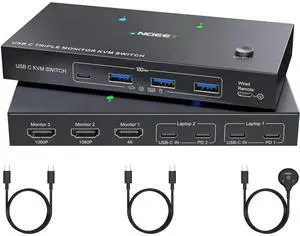 USB C KVM Switch 3 Monitors 2 Computers 4K/1080P@60Hz,USB-C Triple Monitor KVM Switches with 4 USB3.2 Ports for USB Device,10Gbps,80W PD Charging,For Windows and Mac OS,Driver Installation is Required