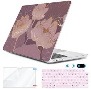 HOHAIYOO for MacBook Air 15 inch Case 2025 2024 2023 Release A3241 M4 A3114 M3 A2941 M2 with 15.3 Retina Display & Touch ID, Plastic Hard Shell Case&Keyboard Cover&Webcam Cover&Screen Protector, Lotus