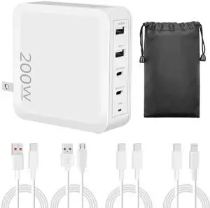 200W USB C Charger, XIiwo 4-Port GaN Foldable Compact Fast Laptop Charger Power Adapter for MacBook Pro/Air, iPad Pro, iPhone 16 Pro, Galaxy S25/S24, Steam Deck, Google Pixelbook, and More