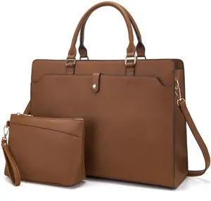 YZAOLL 15.6 Inch Laptop Bag for Women,Lightweight Vegan Leather Work Tote with Clutch Purse,Water-resistant Business Briefcase - Large Capacity Office Bag for Travel,College Essentials(Gift),Brown