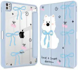 May Chen Case for iPad Pro 11-Inch M5/M4 2025/2024 (6th/5th Generation), Clear Transparent Print Back Shell Slim Stand Shockproof Tablet Cover, Auto Wake/Sleep, Blue Bows Dog