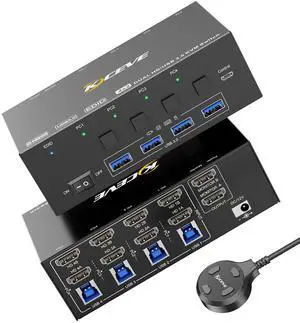 KVM Switch 4 Ports, 2 Monitors 4 Computers HDMI KVM Switcher 8K@60, 4K@144 Hz, with EDID Emulator for 4 PC Share Mouse Keyboard and Monitor, Stable Chip, Great Compatibility