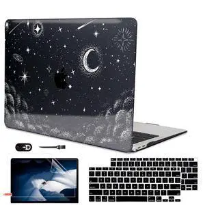 LCMOCICO for MacBook Air 13 inch Case 2021 2020 2019 2018 Release M1 A2337 A2179 A1932, Glitter Crystal Black Pritned Pattern Plastic Hard Case Cover for Mac Air 13.3" M1 Touch ID, Stars & Moon