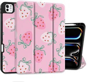 MEEgoodo Case for M5 iPad Pro 11 inch 2025/M4 iPad Pro 11 inch Case 2024, Tablet Cover with Trifold Stand & Pencil Holder & Auto Wake/Sleep & Soft TPU Back Cover, Strawberry & Bow