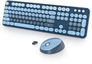 Vumilstek Blue Keyboard and Mouse Combo Wireless, 2.4G Full Size 104-Key Retro Typewriter Keyboards Round Keys for Students Teenagers Home Office PC Laptop(Ocean Blue)