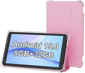 PEICHENG Tablet with Protective Case, 7" IPS 1024 * 600 Android 15.0 Tab PC RAM 8GB(3+5Expand)+ROM 32GB Bluetooth 5.0 WiFi6 2.4G+5G 2MP+5MP Dual Cameras (Pink)