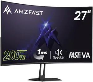 Amzfast 27 inch 200Hz Curved Gaming Monitor, FHD 1080P Monitor Gaming with Upgraded Built-in Speakers, MPRT 1ms with Fast VA Panel | 130% sRGB, 3000:1,1500R | Two Year Warranty Exchange