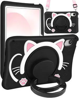Wazzasoft for iPad mini 7 A17 Pro 2024, for iPad mini 6 Case 8.3 Inch Girls Cute Black Cat Cover Girly Kawaii Women with Rotating Stand & Strap Soft Silicone Funda for iPad mini 7th/6th Gen Cases