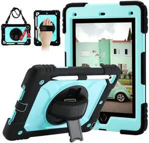 for iPad 6th Generation/iPad 5th Gen/iPad Air 2/iPad Pro 9.7" Case with Cute Key Chain, Rugged Protective Case with Rotating Stand & Shoulder Hand Strap for iPad 6th/5th/ Air 2 (Black+Aqua)